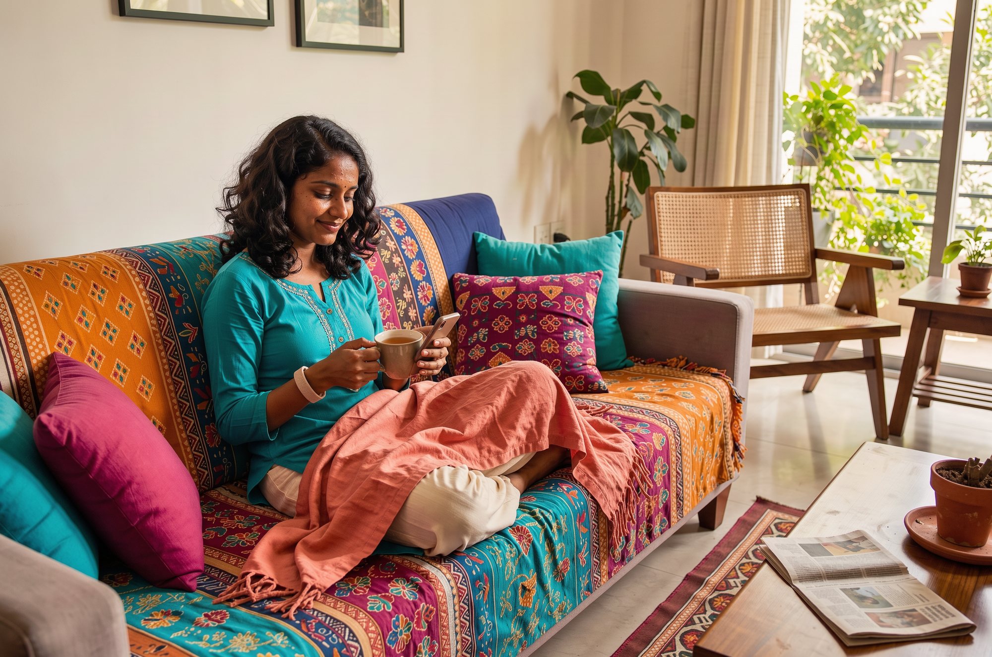 A woman curled up on a sofa with a cup of tea, checking her phone.