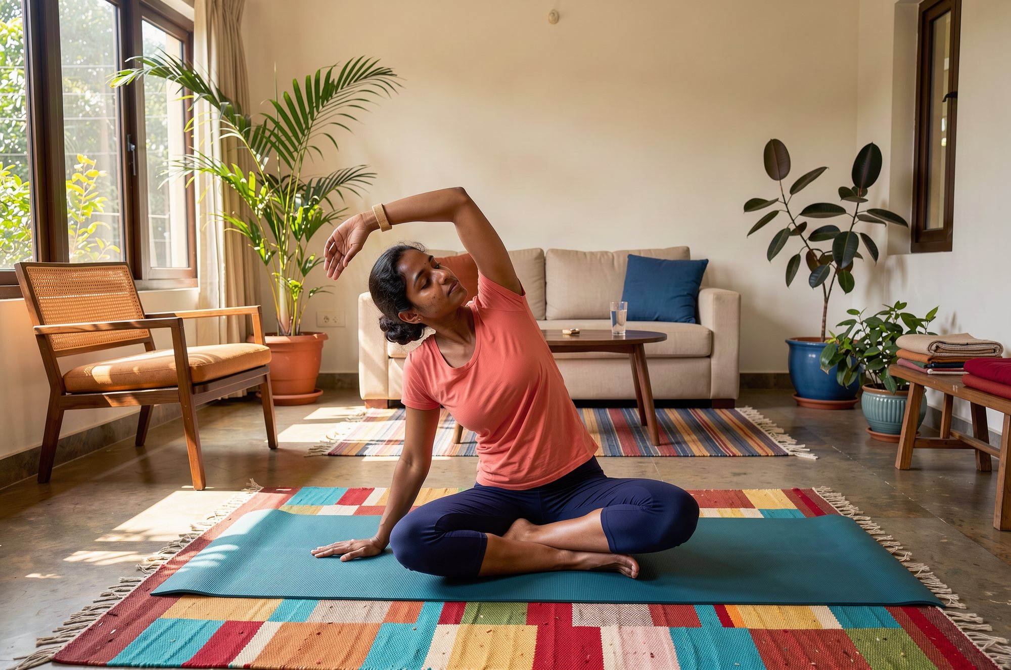 A woman doing a side stretch on a mat in her living room.