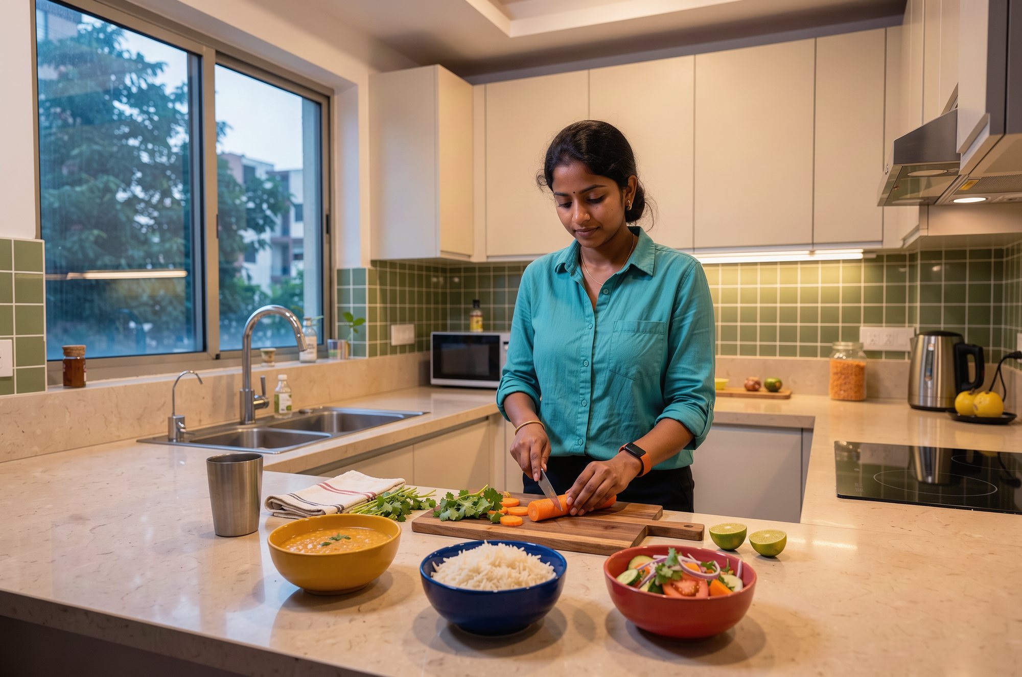 A woman cooking in her kitchen, with bowls of dal, rice and salad on the counter.
