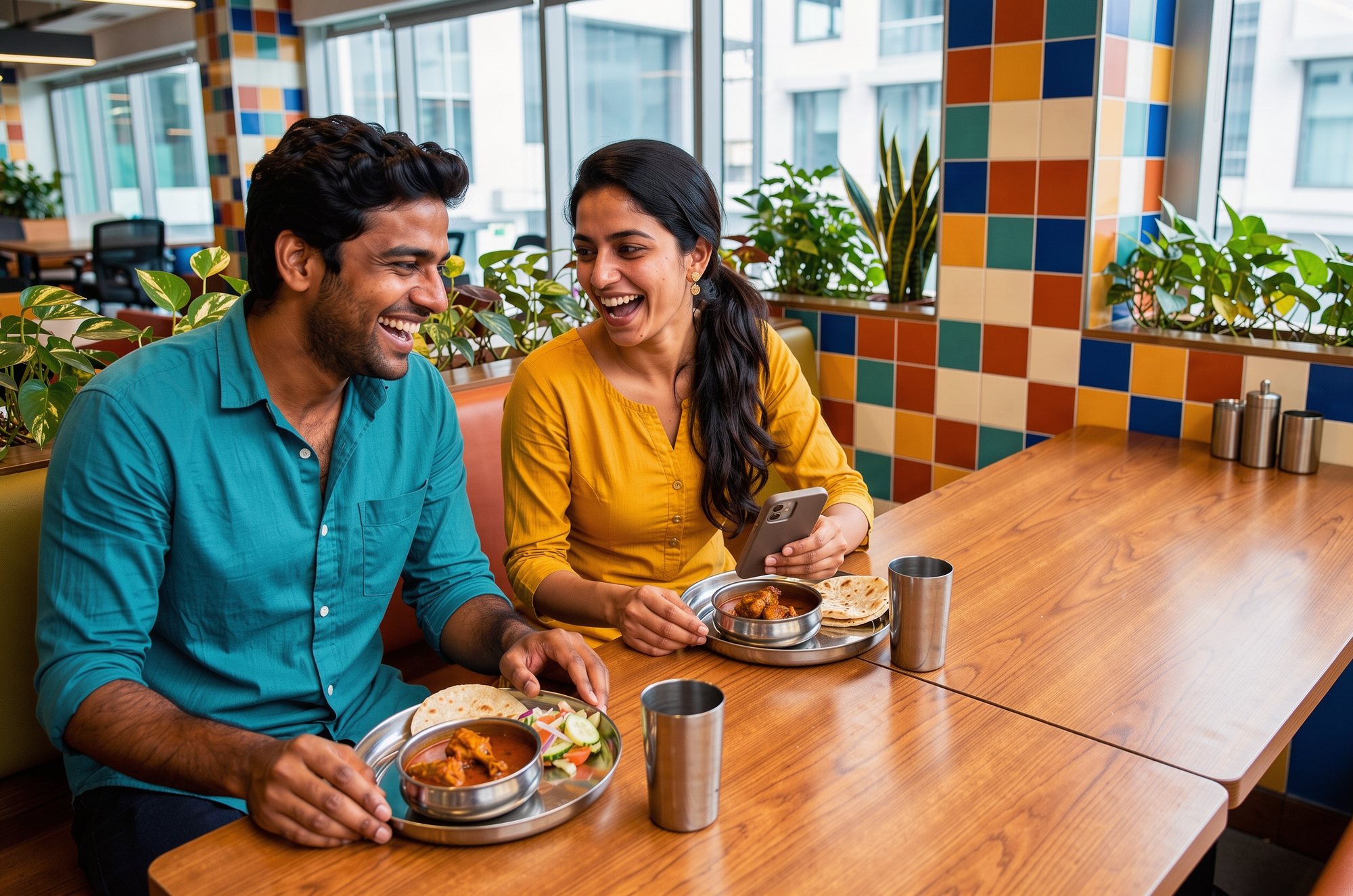 Two colleagues laughing over lunch in an office canteen, one logging her chicken curry and chapati on her phone.