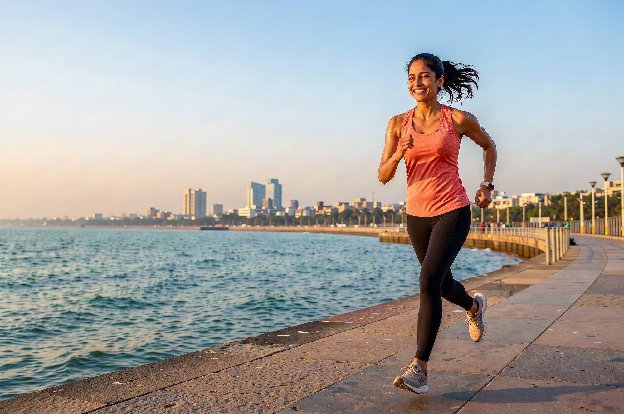 A woman running along a seafront promenade at sunrise.