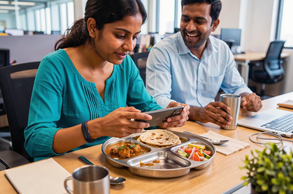 A woman logging her lunch on her phone at her office desk while a colleague laughs beside her.