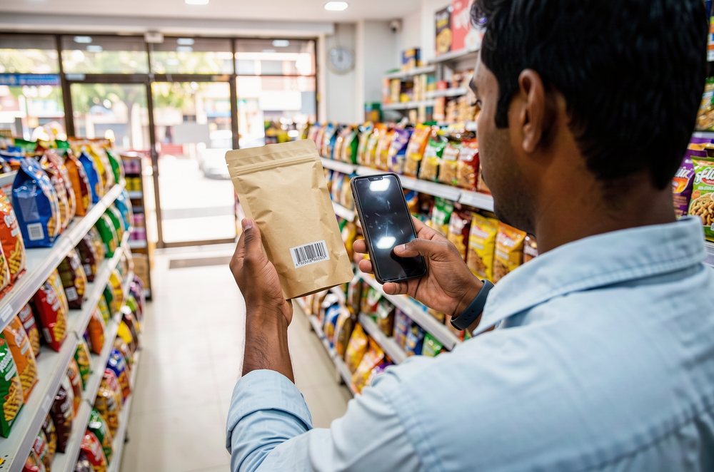 A man in a shop holding a snack pouch and pointing his phone at its barcode.