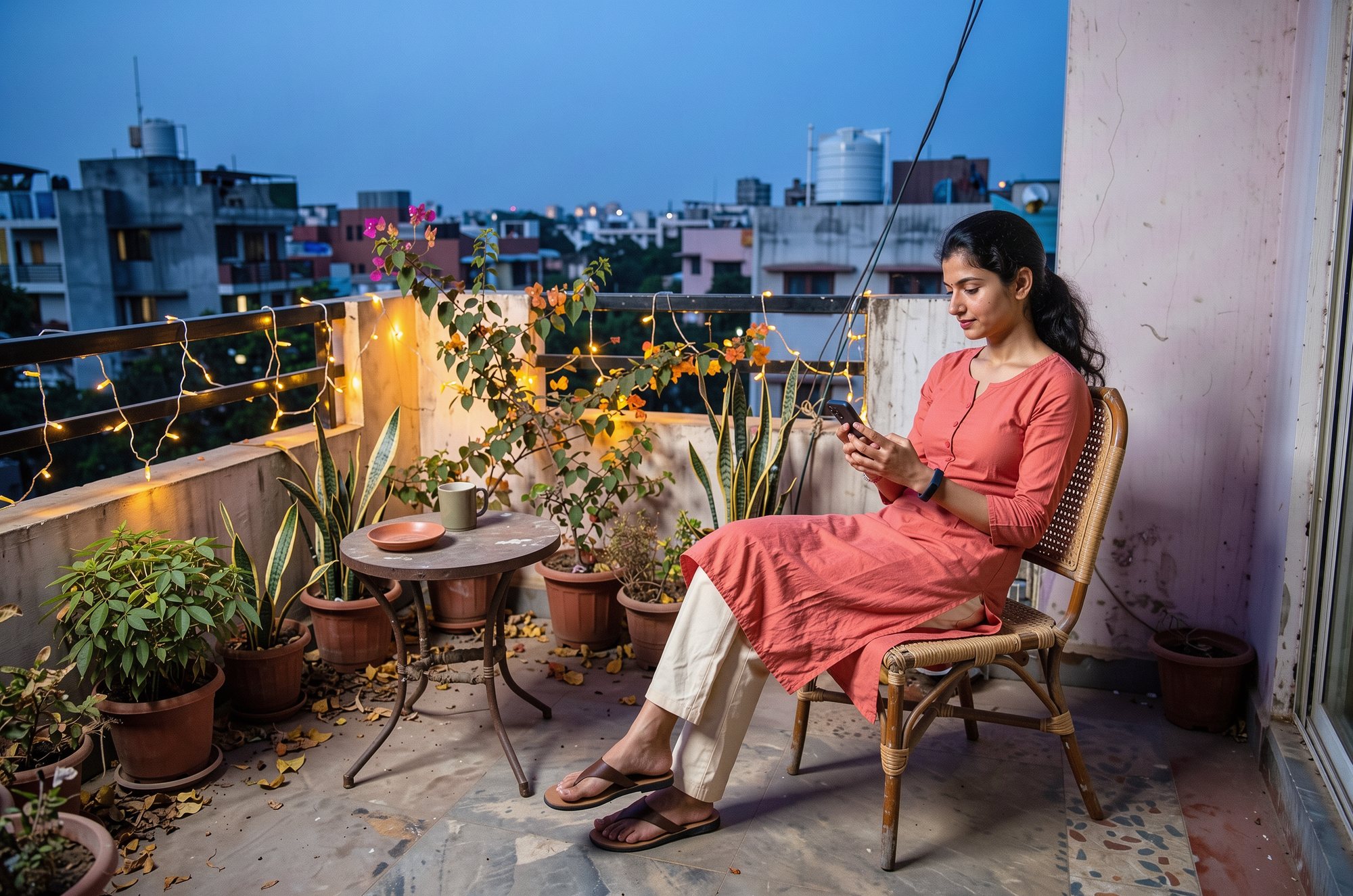 A woman on her balcony at dusk, reading her phone.