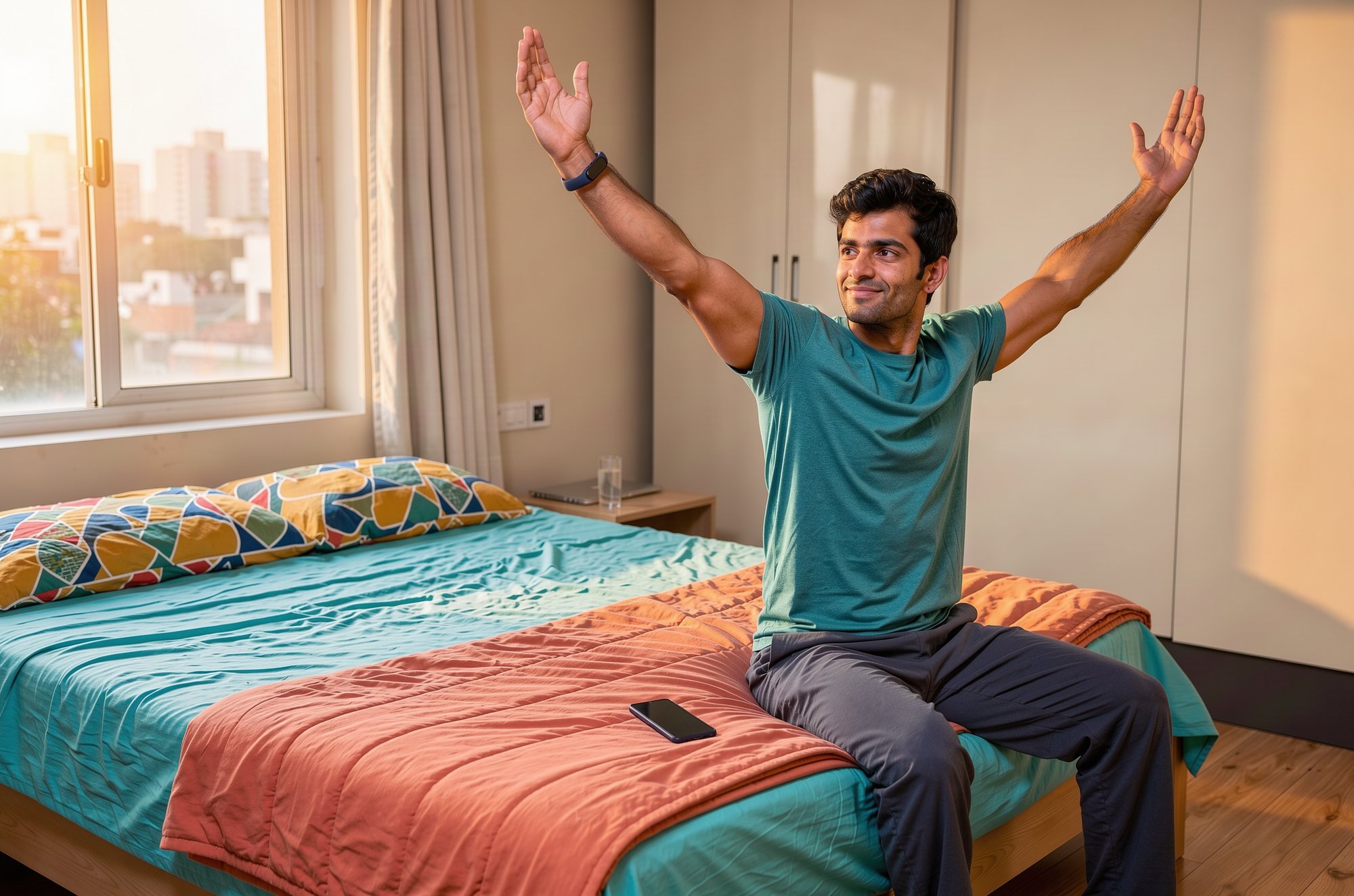 A man stretching his arms on the edge of his bed after waking.
