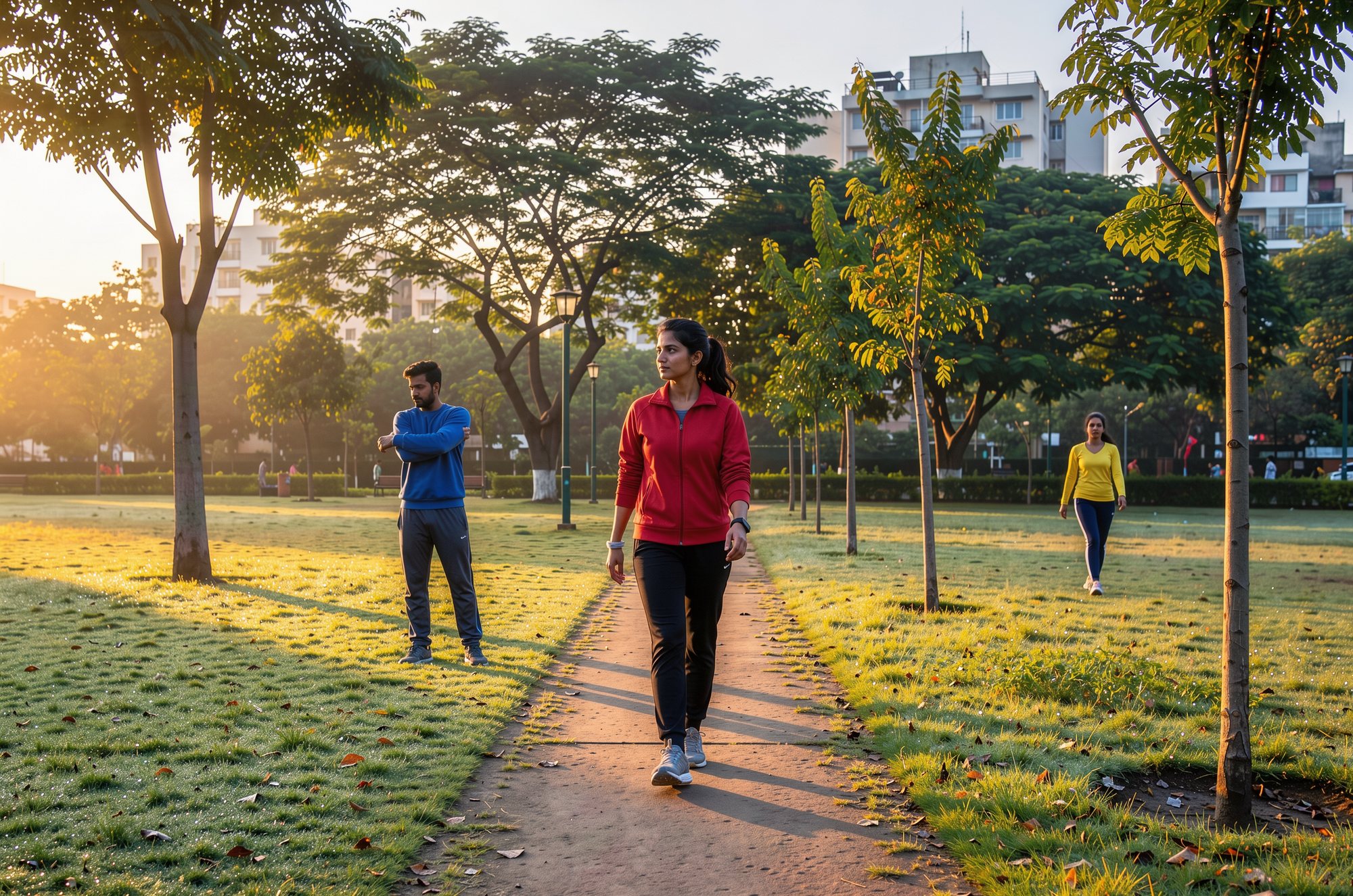 People walking in a green city park at sunrise.