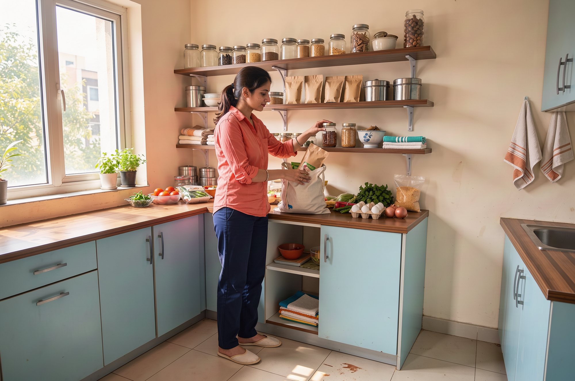 A woman putting groceries away on her kitchen shelves.