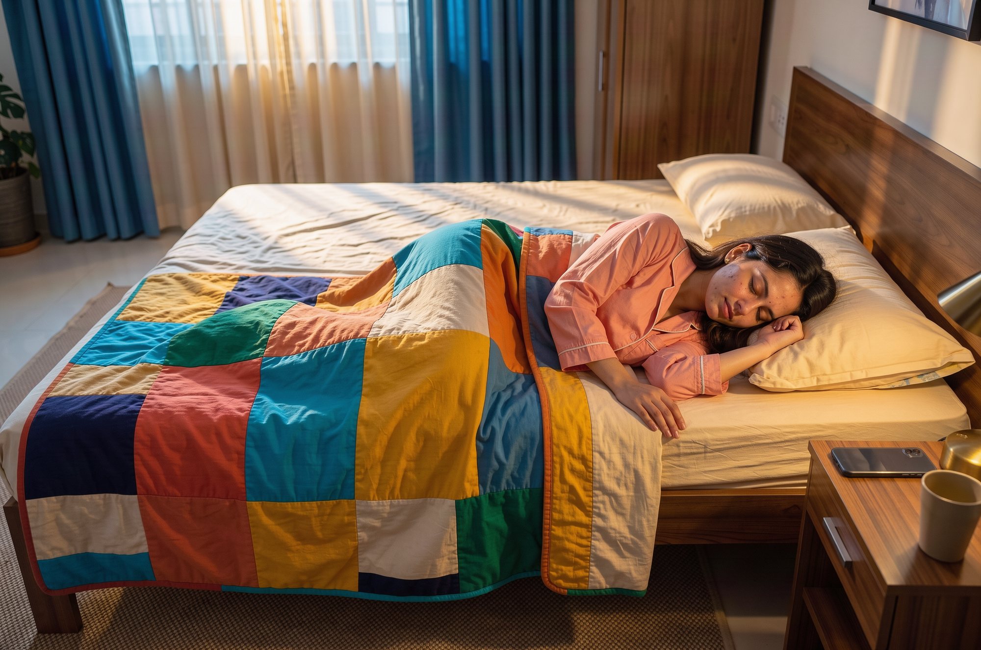 A woman asleep on her side under a colourful quilt at dawn, her phone face down on the bedside table.