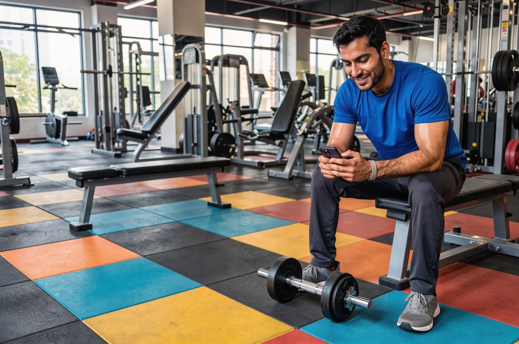 A man resting between sets on a gym bench, checking his phone.