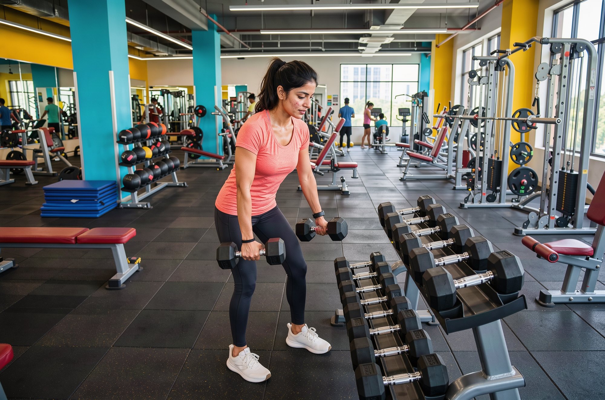 A woman picking up dumbbells from a rack in a bright gym.