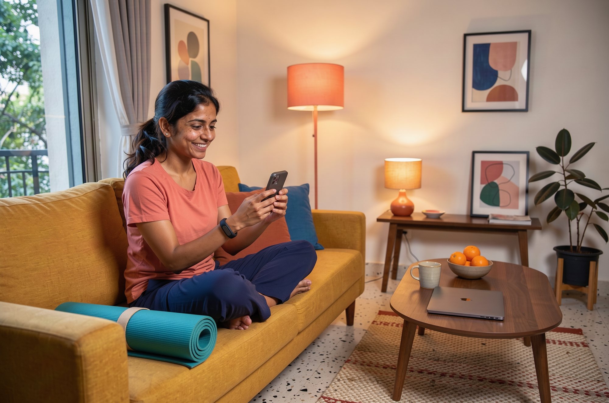 A woman sitting cross-legged on a yellow sofa at home, smiling at her phone, a yoga mat beside her.