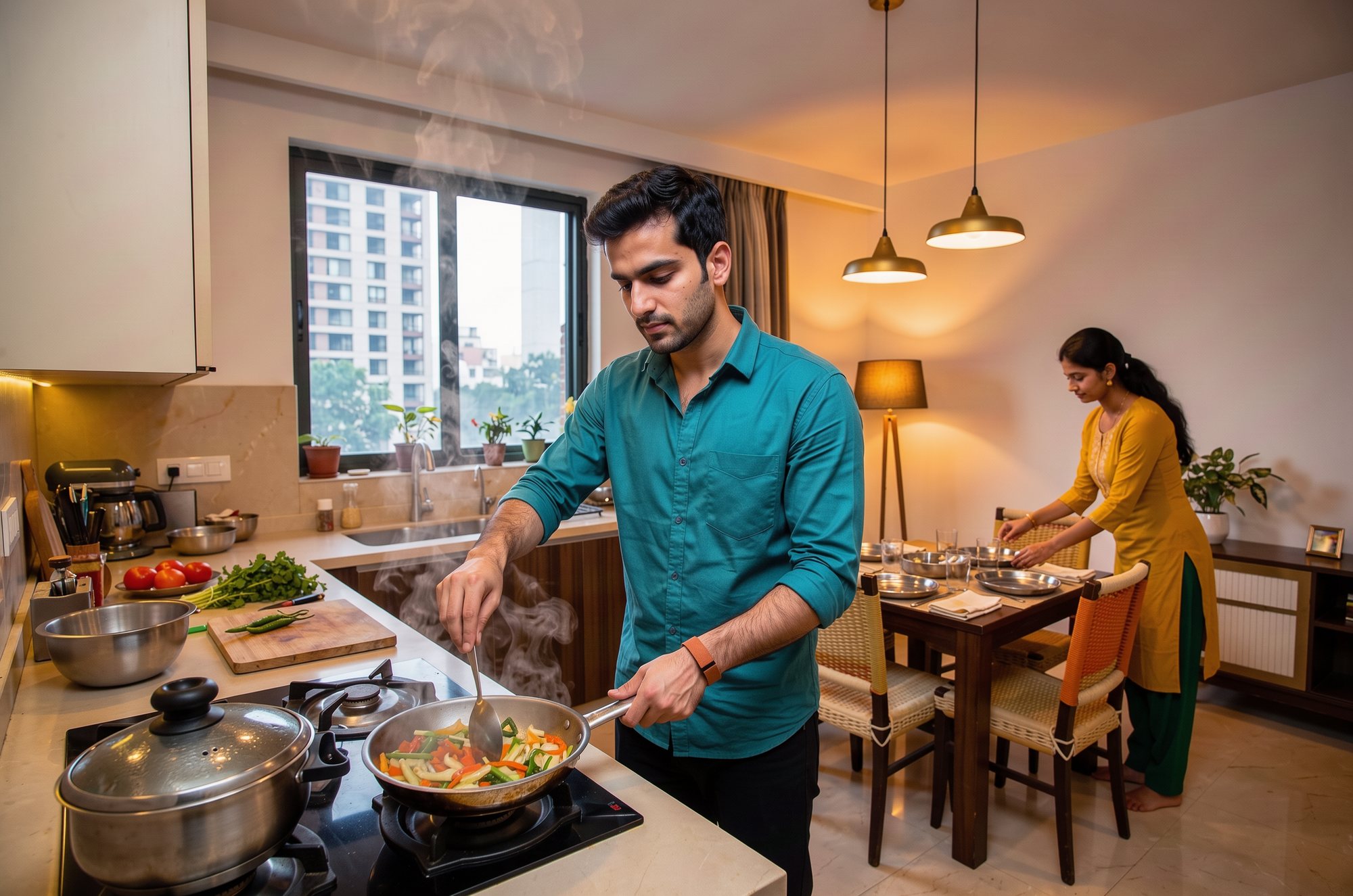 A man cooking dinner at the stove while a woman sets the table behind him.