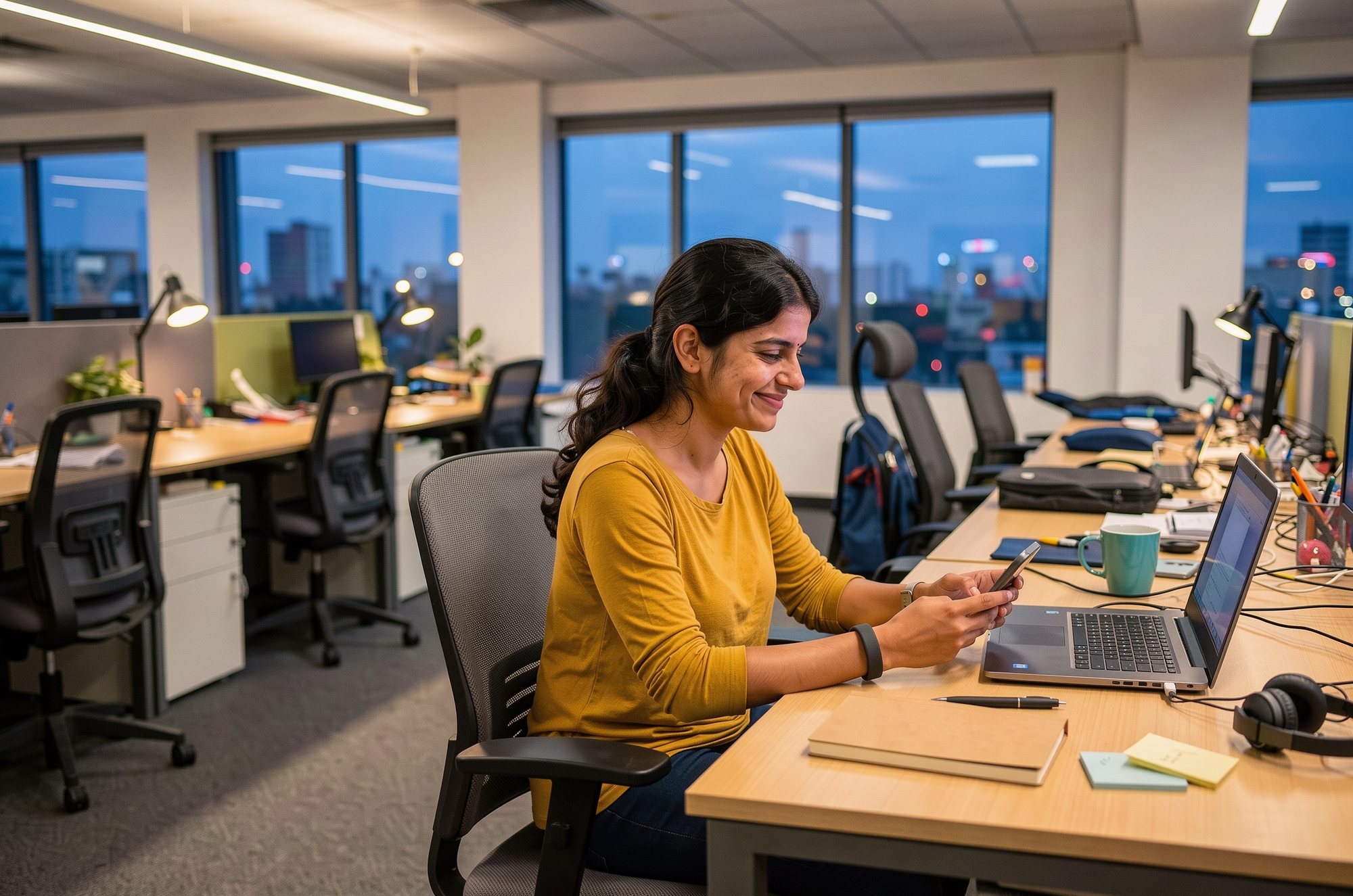 A woman at her desk in a half-empty office in the evening, typing on her phone.