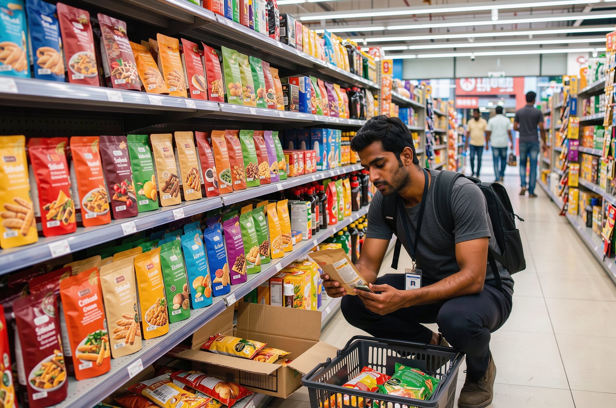 A man with an office ID and a laptop bag crouching in a supermarket aisle to read the back of a snack pouch.