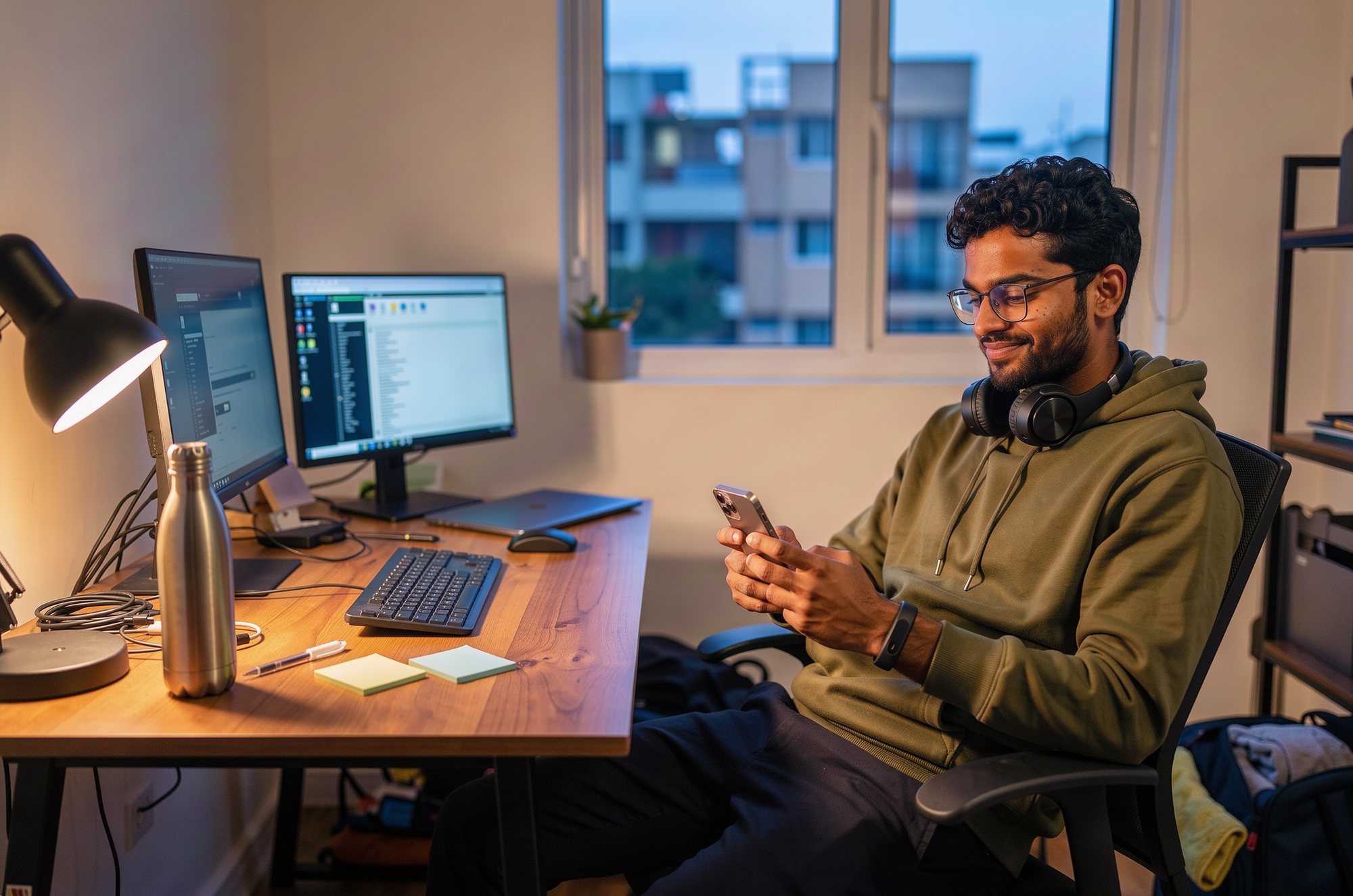 A man in a hoodie leaning back at his home desk in the evening, reading his phone.
