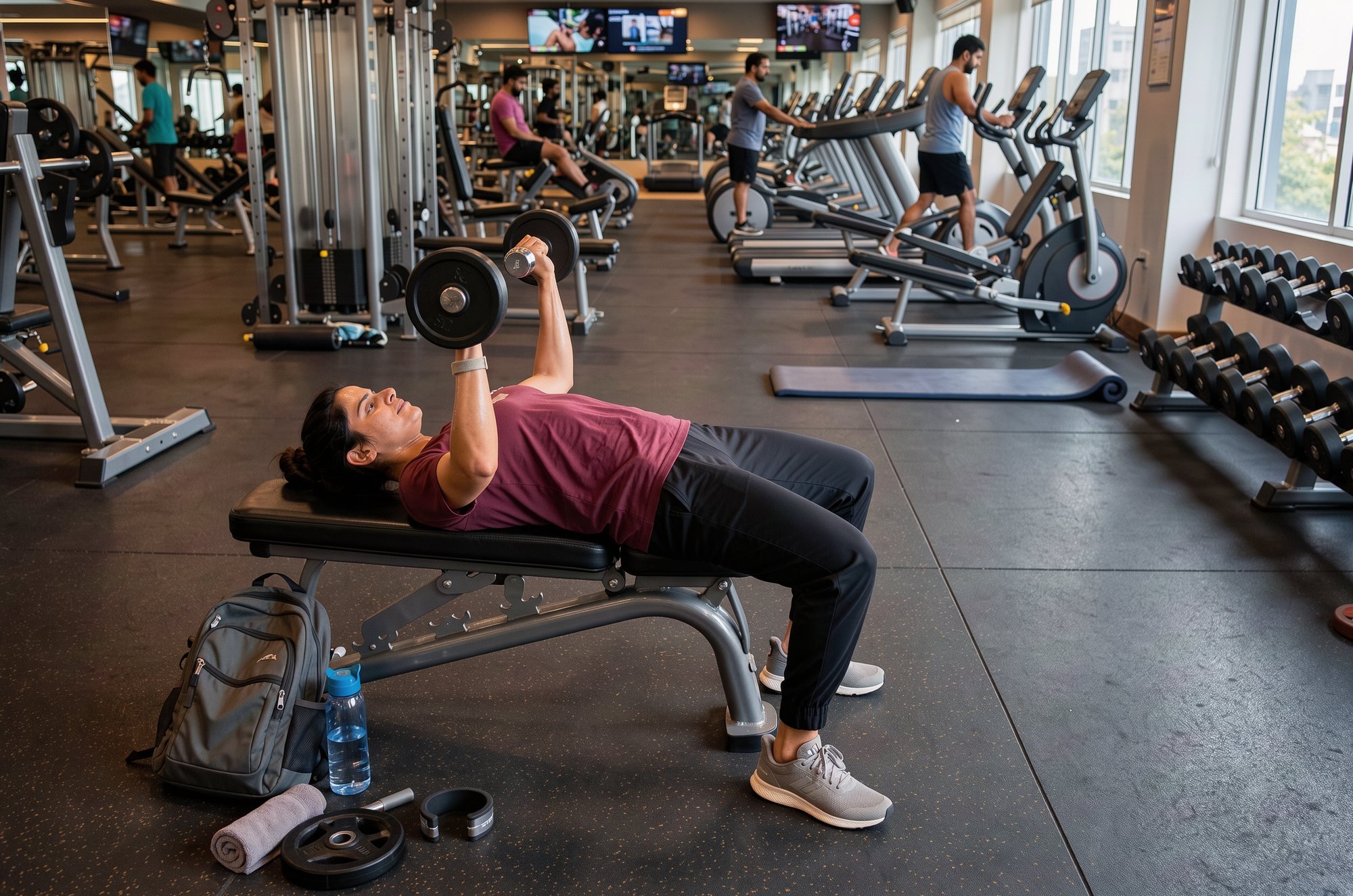 A woman doing a dumbbell bench press in a gym in the morning, her laptop bag on the floor by the bench.