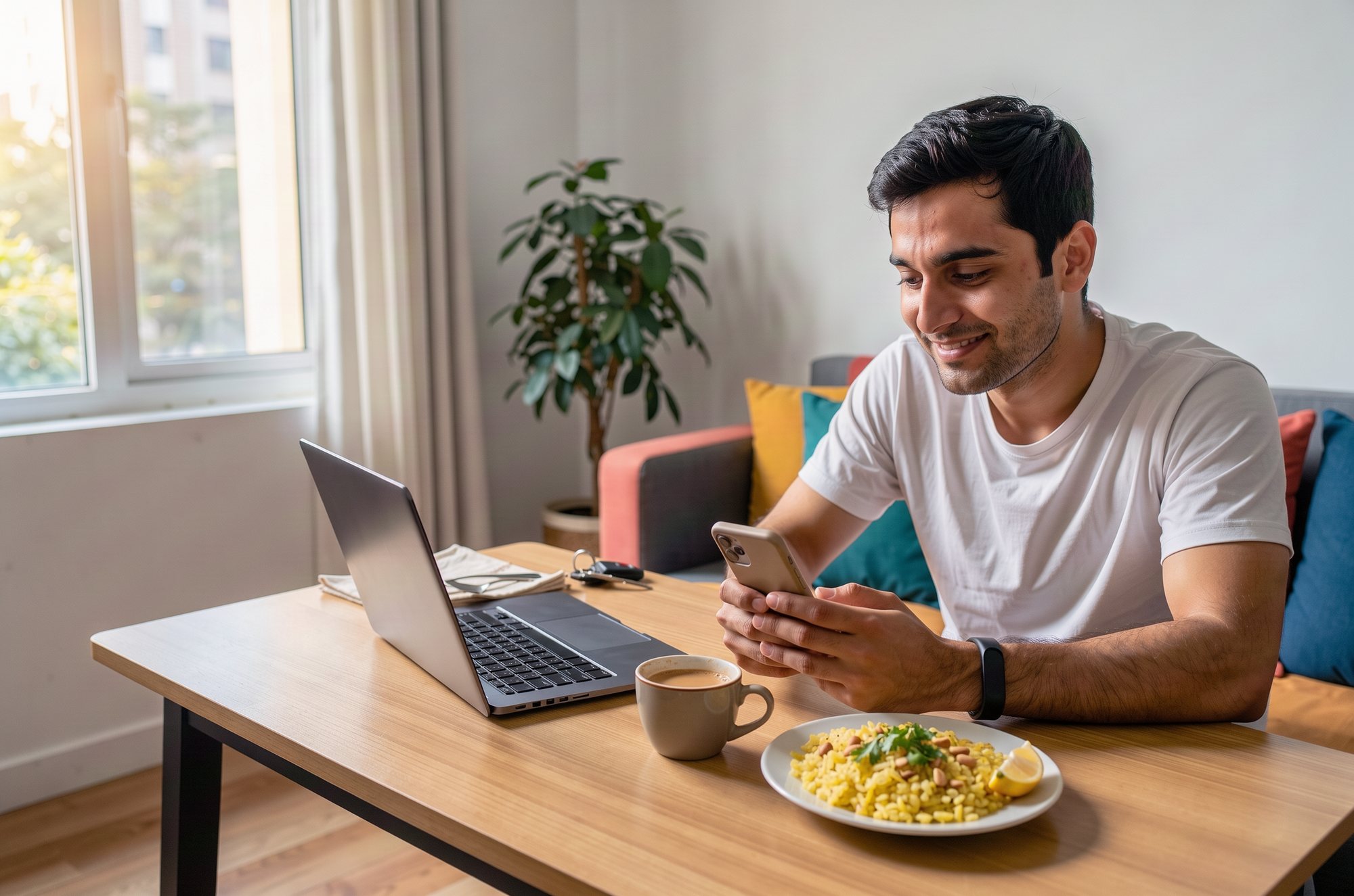 A man at his dining table in the morning, reading his phone over coffee and poha.