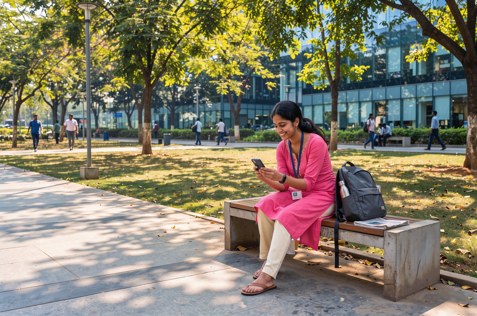 A woman with an office ID sitting on a bench in a leafy office campus in the morning, smiling at her phone.