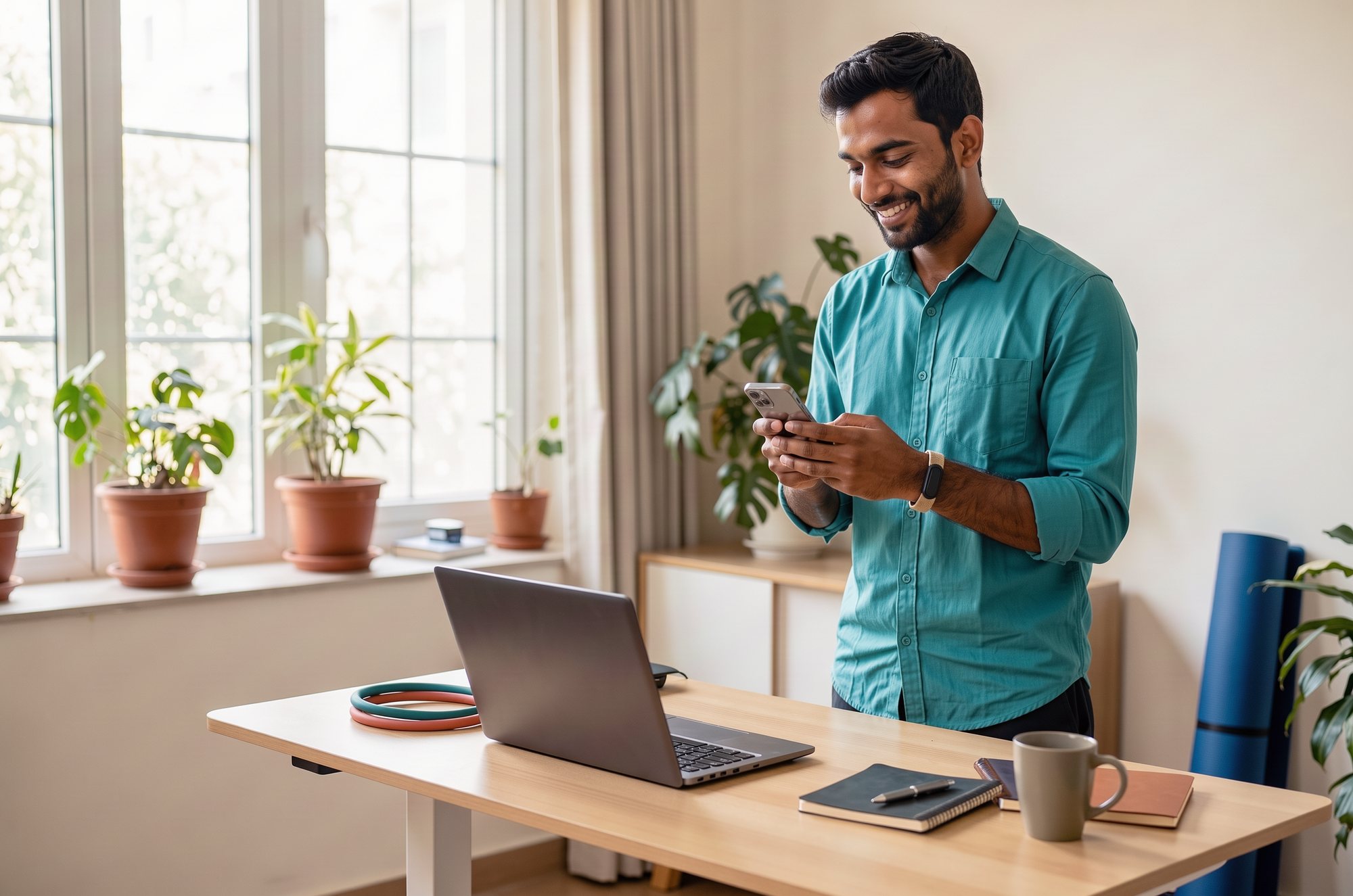 A man at a standing desk at home, smiling at his phone.